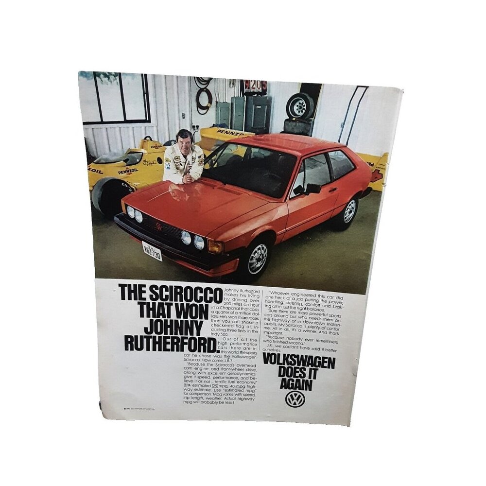 1981 Volkswagen Scirocco Car with Johnny Rutherford Indy Original Print Ad 80s